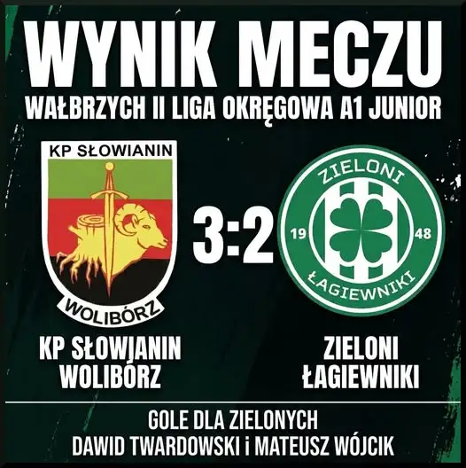 II liga okręgowa A1 Junior: Słowianin Wolibórz pokonuje Zielonych Łagiewniki 3:2