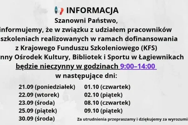 GOKBiS w Łagiewnikach: przerwy w działaniu związane ze szkoleniami pracowników