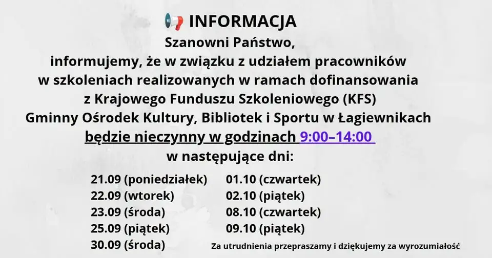 GOKBiS w Łagiewnikach: przerwy w działaniu związane ze szkoleniami pracowników