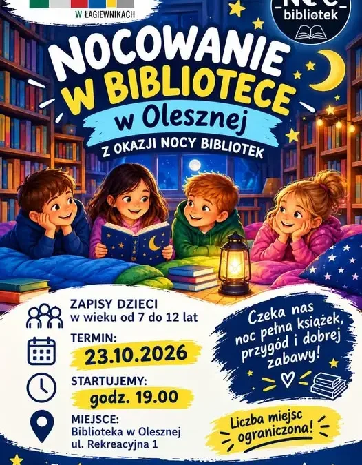 Nocne czytanie w bibliotece w Olesznej – zapisy dla dzieci trwają