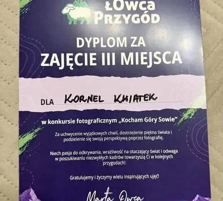 Kornel Kwiatek z SP1 Dzierżoniów zdobył III miejsce w konkursie fotograficznym „Kocham Góry Sowie”