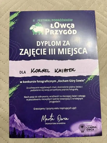 Kornel Kwiatek z SP1 Dzierżoniów zdobył III miejsce w konkursie fotograficznym „Kocham Góry Sowie”